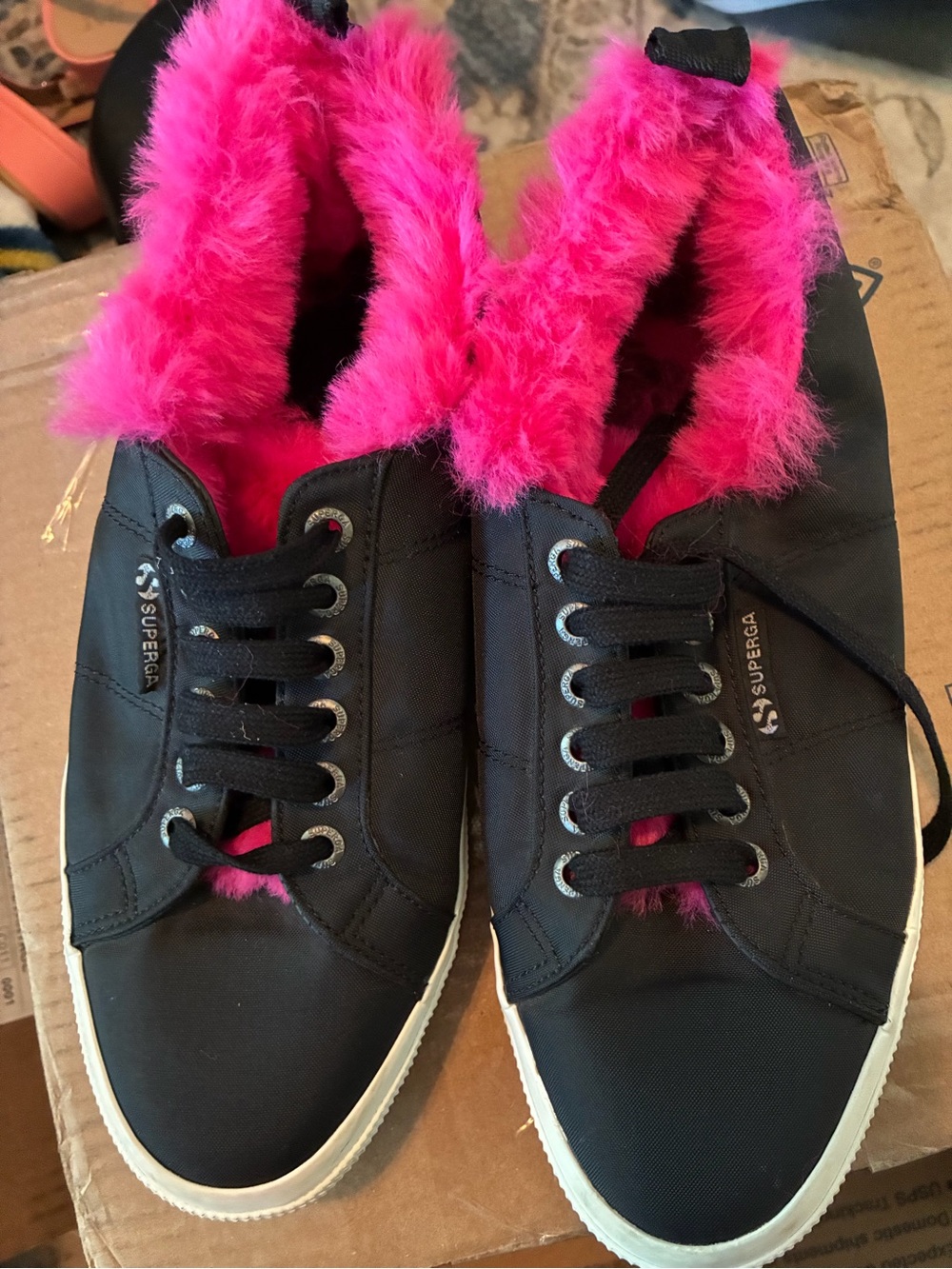 Superga Women's Black Sneakers with Hot Pink Faux Fur Lining, size 10W